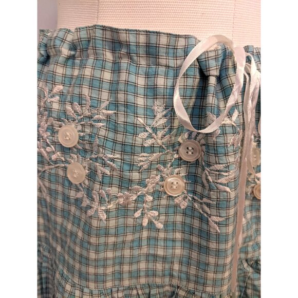 Vintage Y2K Blue Paid Mini Skirt Coquette Embroidered Ribbon Lined Button L - Picture 4 of 9